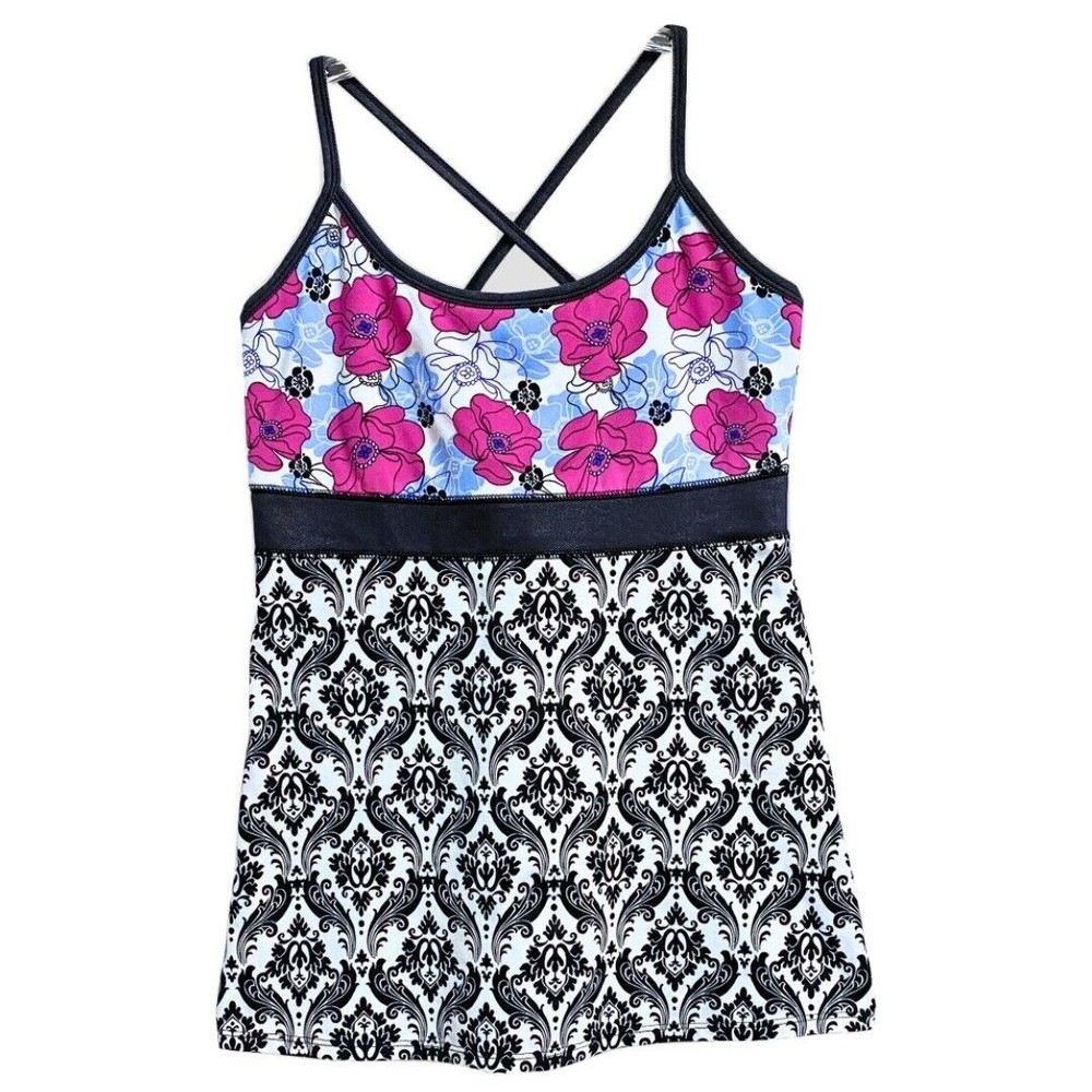Soybu Womens Tank Top Size M Floral Damask Print Black White Yoga Workout Pilate